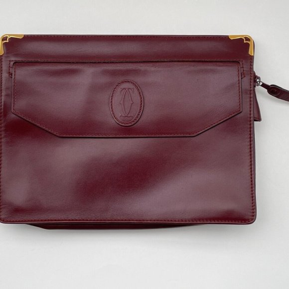 Must De Cartier Paris Women Burgundy Bordeaux Leather Clutch Bag Purse Authentic - Picture 3 of 11